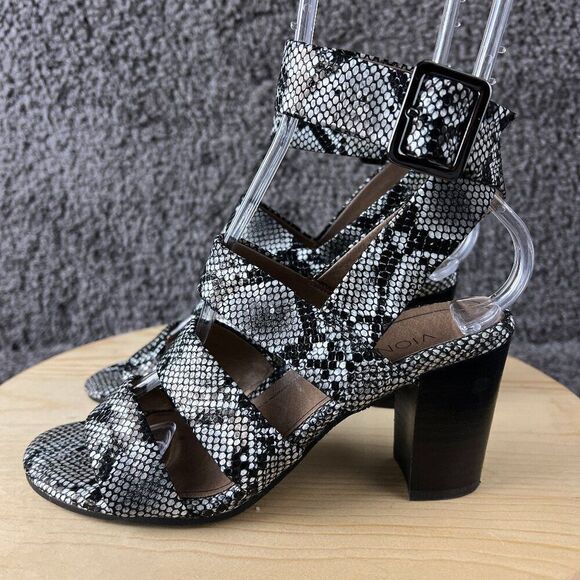 Vionic Blaire Snake Sandals Womens 6.5 Leather Block Heels Silver Black Shoes - Picture 1 of 10